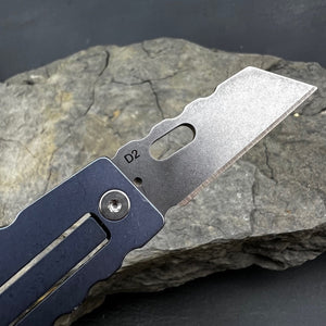 MUSCA: D2 Sheepsfoot Blade, Blue Titanium Handles, Small EDC Keychain Folding Knife