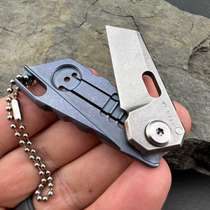 MUSCA: D2 Sheepsfoot Blade, Blue Titanium Handles, Small EDC Keychain Folding Knife