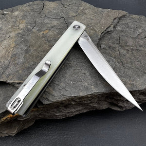 SKIPJACK: Jade G10 Handles,  D2 Straight Back Blade,  Smooth Ball Bearing Pivot System