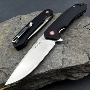 ADMIRAL: Black G10 Handles, D2 Drop Point Blade, Ball Bearing Flipper System