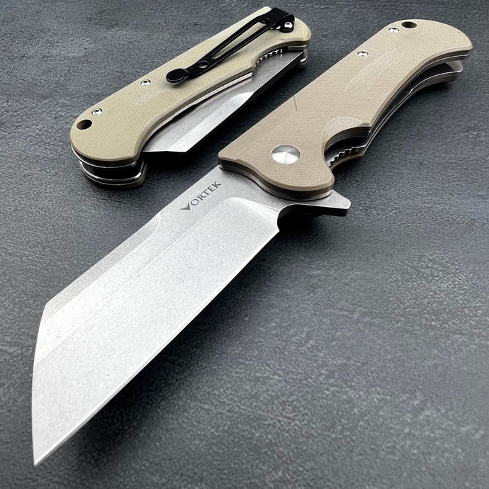 PANZER:  Desert Tan G10 Handle, D2 Cleaver Blade, Ball Bearing Flipper System