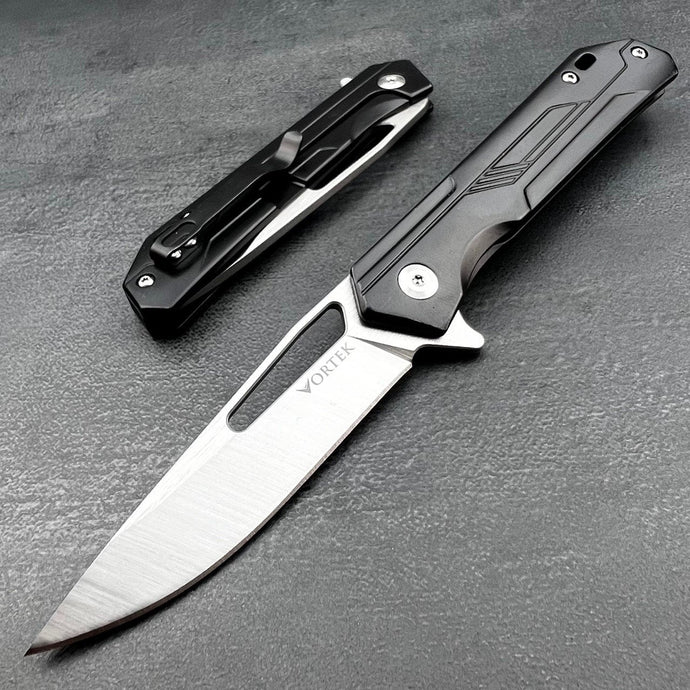 SILKY: Black Stainless Steel Handles, D2 Drop Point Blade, Ball Bearing Flipper System, EDC Folding Pocket Knife