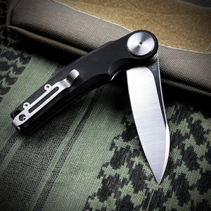 OMEGA: Black G10 Handles, D2 Steel Flipper, Ball Bearing Flipper Blade