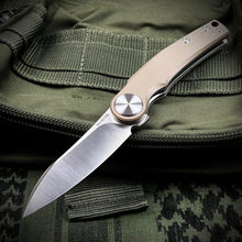 Load image into Gallery viewer, OMEGA: Desert Tan G10 Handles, D2 Wharncliffe Blade, Ball Bearing Flipper System