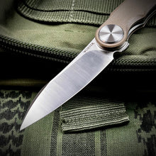 Load image into Gallery viewer, OMEGA: Desert Tan G10 Handles, D2 Wharncliffe Blade, Ball Bearing Flipper System