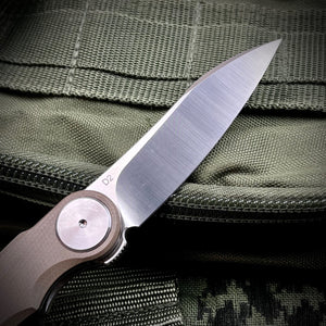 OMEGA: Desert Tan G10 Handles, D2 Wharncliffe Blade, Ball Bearing Flipper System