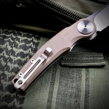 Load image into Gallery viewer, OMEGA: Desert Tan G10 Handles, D2 Wharncliffe Blade, Ball Bearing Flipper System