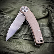 Load image into Gallery viewer, OMEGA: Desert Tan G10 Handles, D2 Wharncliffe Blade, Ball Bearing Flipper System