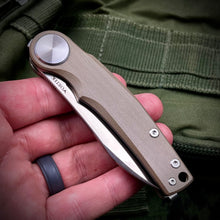 Load image into Gallery viewer, OMEGA: Desert Tan G10 Handles, D2 Wharncliffe Blade, Ball Bearing Flipper System