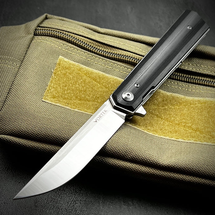 APACHE: Black G10 Handles, 9Cr18MoV Straight Back Blade, Fast Open Ball Bearing Flipper System