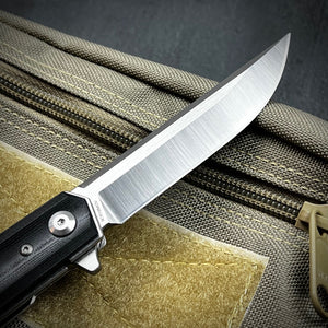 APACHE: Black G10 Handles, 9Cr18MoV Straight Back Blade, Fast Open Ball Bearing Flipper System