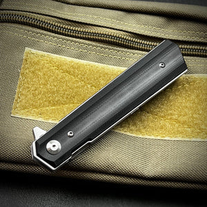 APACHE: Black G10 Handles, 9Cr18MoV Straight Back Blade, Fast Open Ball Bearing Flipper System