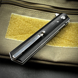 APACHE: Black G10 Handles, 9Cr18MoV Straight Back Blade, Fast Open Ball Bearing Flipper System