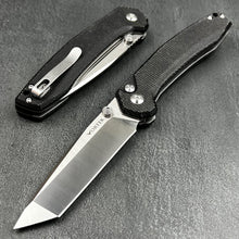 Load image into Gallery viewer, BALDUR: Black Micarta Handles, D2 Tanto Blade, Button Safety Lock, Ball Bearing Pivot System