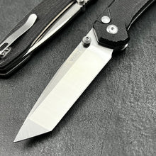 Load image into Gallery viewer, BALDUR: Black Micarta Handles, D2 Tanto Blade, Button Safety Lock, Ball Bearing Pivot System