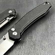 Load image into Gallery viewer, BALDUR: Black Micarta Handles, D2 Tanto Blade, Button Safety Lock, Ball Bearing Pivot System