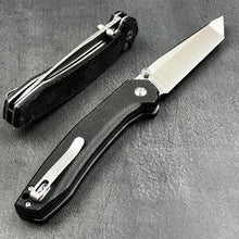 Load image into Gallery viewer, BALDUR: Black Micarta Handles, D2 Tanto Blade, Button Safety Lock, Ball Bearing Pivot System