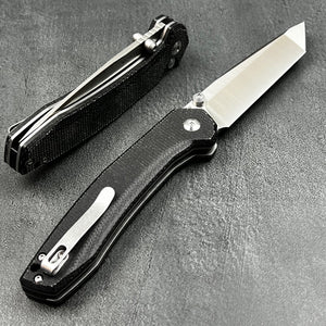 BALDUR: Black Micarta Handles, D2 Tanto Blade, Button Safety Lock, Ball Bearing Pivot System