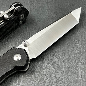 BALDUR: Black Micarta Handles, D2 Tanto Blade, Button Safety Lock, Ball Bearing Pivot System