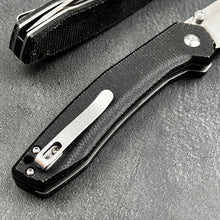 Load image into Gallery viewer, BALDUR: Black Micarta Handles, D2 Tanto Blade, Button Safety Lock, Ball Bearing Pivot System