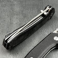 Load image into Gallery viewer, BALDUR: Black Micarta Handles, D2 Tanto Blade, Button Safety Lock, Ball Bearing Pivot System