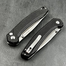 Load image into Gallery viewer, BALDUR: Black Micarta Handles, D2 Tanto Blade, Button Safety Lock, Ball Bearing Pivot System