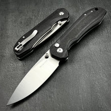 Load image into Gallery viewer, BORIS: Black Micarta Handles, Button Safety Lock, Ball Bearing Pivot System, D2 Drop Point Blade