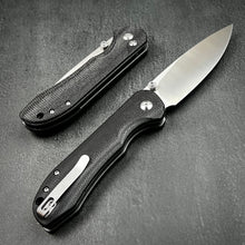 Load image into Gallery viewer, BORIS: Black Micarta Handles, Button Safety Lock, Ball Bearing Pivot System, D2 Drop Point Blade