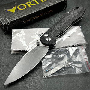 BORIS: Black Micarta Handles, Button Safety Lock, Ball Bearing Pivot System, D2 Drop Point Blade