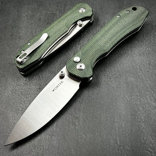 BORIS: Green Micarta Handles, D2 Drop Point Blade, Button Safety Lock, Ball Bearing Pivot System