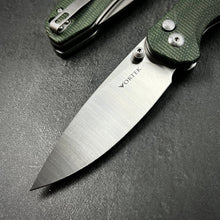 Load image into Gallery viewer, BORIS: Green Micarta Handles, D2 Drop Point Blade, Button Safety Lock, Ball Bearing Pivot System