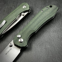 Load image into Gallery viewer, BORIS: Green Micarta Handles, D2 Drop Point Blade, Button Safety Lock, Ball Bearing Pivot System