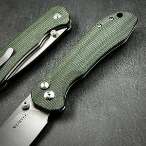 BORIS: Green Micarta Handles, D2 Drop Point Blade, Button Safety Lock, Ball Bearing Pivot System