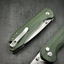 Load image into Gallery viewer, BORIS: Green Micarta Handles, D2 Drop Point Blade, Button Safety Lock, Ball Bearing Pivot System