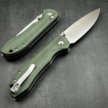 Load image into Gallery viewer, BORIS: Green Micarta Handles, D2 Drop Point Blade, Button Safety Lock, Ball Bearing Pivot System