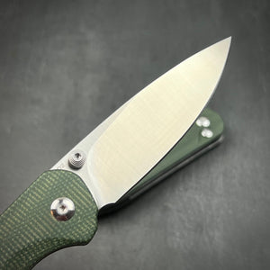 BORIS: Green Micarta Handles, D2 Drop Point Blade, Button Safety Lock, Ball Bearing Pivot System