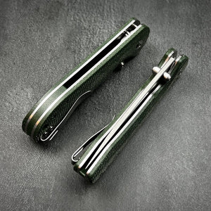 BORIS: Green Micarta Handles, D2 Drop Point Blade, Button Safety Lock, Ball Bearing Pivot System