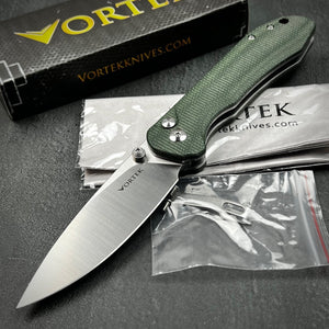 BORIS: Green Micarta Handles, D2 Drop Point Blade, Button Safety Lock, Ball Bearing Pivot System