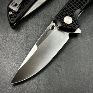 CORAL: 9Cr18MoV Drop Point Blade, Ball Bearing Pivot System, Black Fiberglass Reinforced Nylon Handle