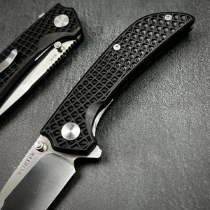 CORAL: 9Cr18MoV Drop Point Blade, Ball Bearing Pivot System, Black Fiberglass Reinforced Nylon Handle