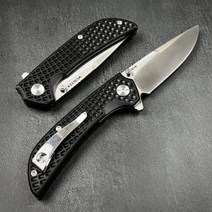 CORAL: 9Cr18MoV Drop Point Blade, Ball Bearing Pivot System, Black Fiberglass Reinforced Nylon Handle