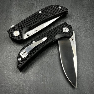 CORAL: 9Cr18MoV Drop Point Blade, Ball Bearing Pivot System, Black Fiberglass Reinforced Nylon Handle