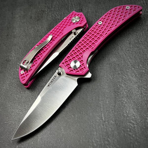 CORAL: Pink Fiberglass Nylon Handles, 9Cr18MoV Drop Point Blade, Ball Bearing Pivot System