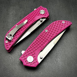 CORAL: Pink Fiberglass Nylon Handles, 9Cr18MoV Drop Point Blade, Ball Bearing Pivot System