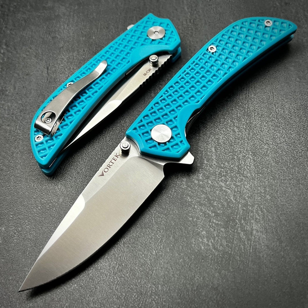 CORAL: Blue Fiberglass Handles, 9Cr18MoV Drop Point Blade, Ball Bearing Pivot System