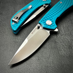 CORAL: Blue Fiberglass Handles, 9Cr18MoV Drop Point Blade, Ball Bearing Pivot System