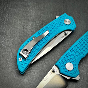 CORAL: Blue Fiberglass Handles, 9Cr18MoV Drop Point Blade, Ball Bearing Pivot System