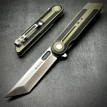 Load image into Gallery viewer, ASTRID: Sandvik 14C28N Tanto Blade, Black and Green G10 Handles, Ball Bearing Pivot System, Deep Carry Pocket Clip