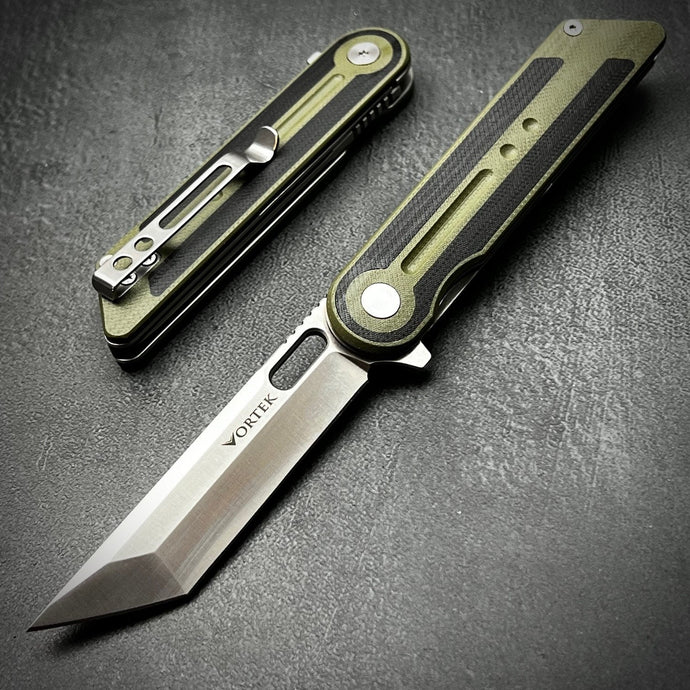 ASTRID: Sandvik 14C28N Tanto Blade, Black and Green G10 Handles, Ball Bearing Pivot System, Deep Carry Pocket Clip