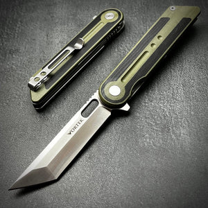 ASTRID - Sandvik 14C28N Tanto Blade, Black and Green G10 Handles